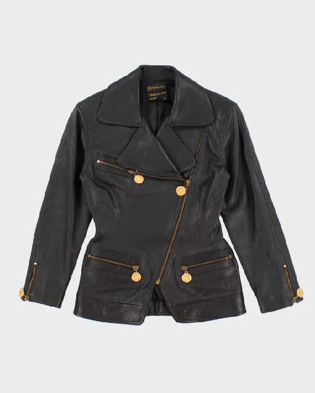 Vintage Women's Black Donna Karan Leather Biker Jacket - S Toggled Jacket Drawstring Jacket Belted Jacket