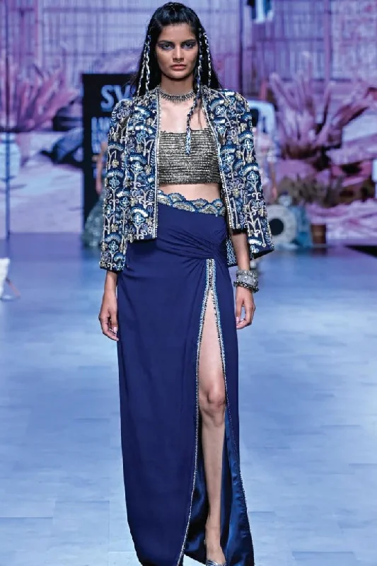 BLUE ART DECO EMBELLISHED NOOR JACKET SET Print Jacket Jacquard Jacket Patchwork Jacket