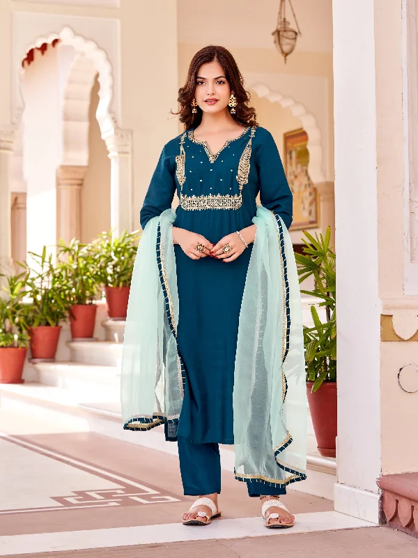 Women V Neck Embroidered Work Silk Fabric Kurta & Pant With Dupatta Set - Taantav Comfortable Cargo Pants