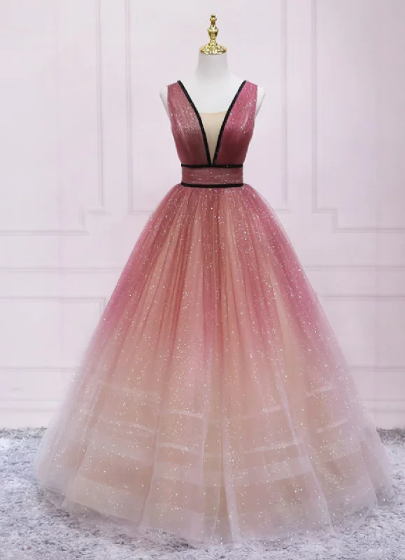 Lovely Tulle Gradient V-neckline Long Party Dress, Layers Tulle Junior Prom Dress Turtleneck Warm Winter