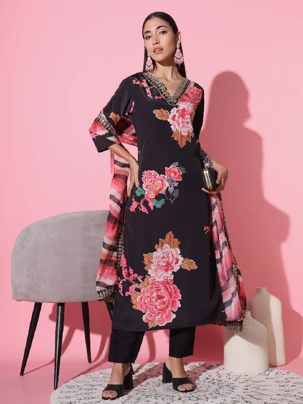 Women 'V' Neck Sequence Embroidery And Print Work Muslin Fabric Kurta Pant Set Comes With Printed Dupatta - Taantav Trendy Wide-Legged Trousers Women 'V' Neck Sequence Embroidery And Print Work Muslin Fabric Kurta Pant Set Comes With Printed Dupatta - Taantav Trendy Wide-Legged Trousers