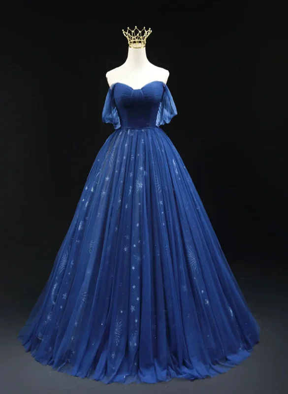 Blue A-line Sweetheart Tulle Long Party Dress, Blue Tulle Evening Dress Prom Dress Sequined Elegant Party