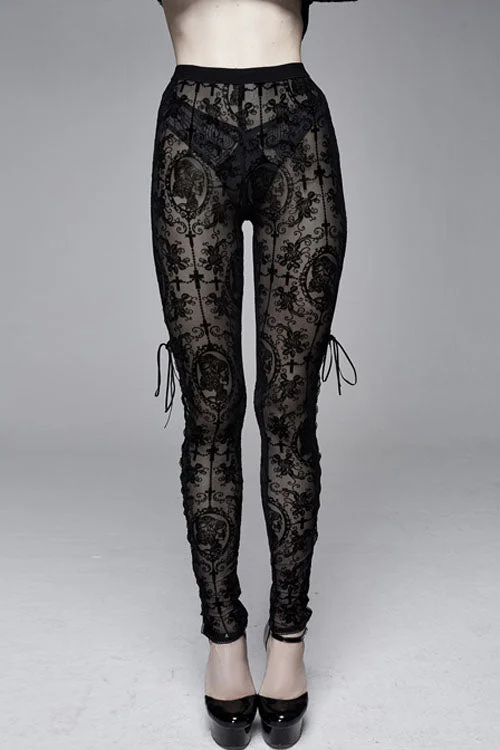 Black Flocking Printing Sexy Elastic Waistband Mesh Gothic Womens Pants Classic Bootcut Trousers Black Flocking Printing Sexy Elastic Waistband Mesh Gothic Womens Pants Classic Bootcut Trousers