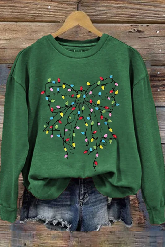 Women's Christmas Light Bow Print Sweatshirt Hoodie with Double Zipper Versatile Adjustable