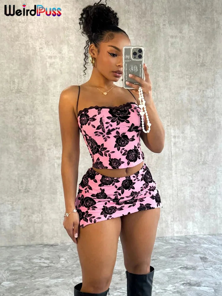 Weird Puss Flower Print Women 2 Piece Set Elegant Summer Trend Lace Bow Camisole+Peach Hip Skirts Matching Streetwear Outfits corduroy skirt comfortable