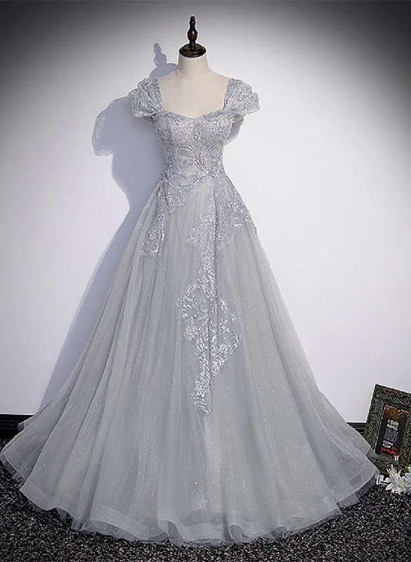 Grey Sweetheart Cap Sleeves Long Party Dress, Grey Long Tulle with Lace Prom Dress Tunics New arrival