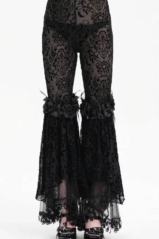Black Embroidery Lace Sheer Mesh Tassels Women's Gothic Pants Relaxed Fit Trousers