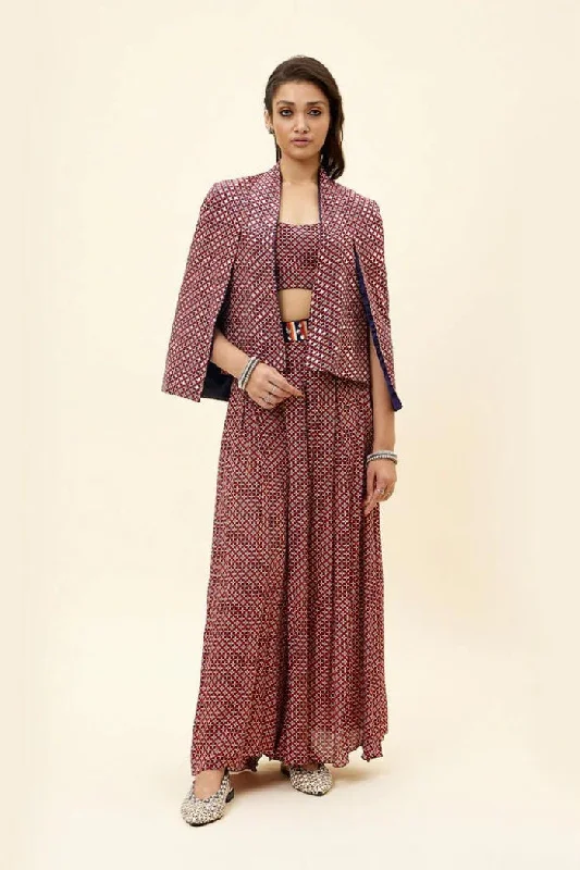BLUE GEO PRINT BOX PLETAED PANTS WITH ARYA BUSTIER WITH BLUE GEO PRINT EMBELIIESHED NOOR JACKET Notch Collar Jacket Peter Pan Collar Jacket Cowl Neck Jacket