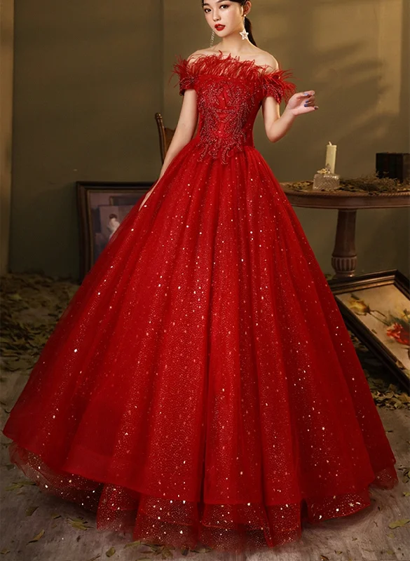 Red Scoop Ball Gown Shiny Tulle Off Shoulder Party Dress, Red Sweet 16 Dress Formal Dress Tunics Cozy soft