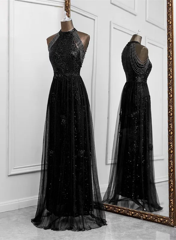 Black Halter Tulle and Sequins Long Party Dress, A-line Black Prom Dress Tunics Review highly