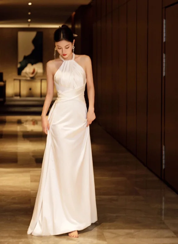 White Haler Satin Long Party Dress Wedding Party Dress, White Satin Evening Dress Sequined Elegant Party