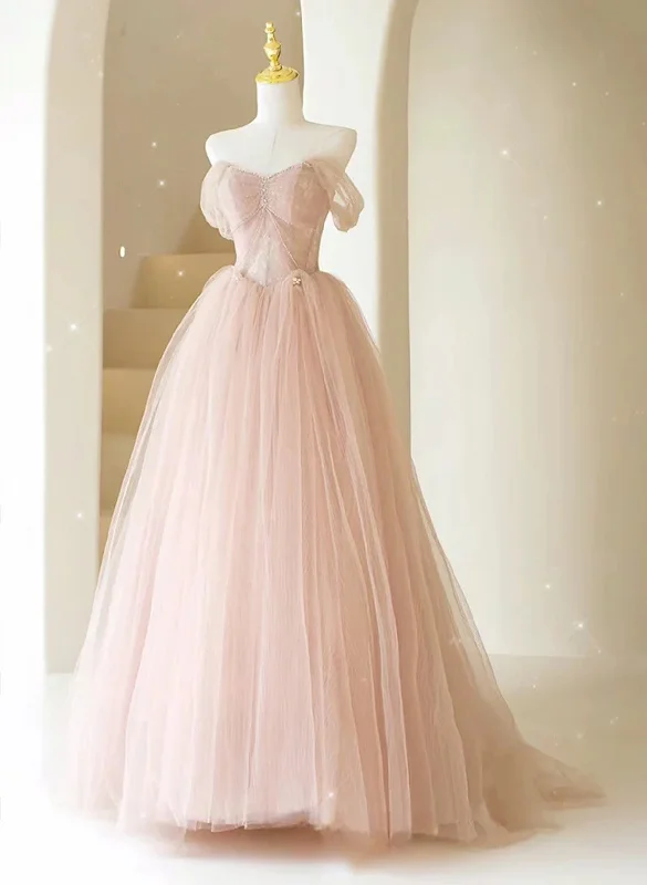 Pink Sweetheart Beaded Long Tulle Prom Dress, Pink Tulle Evening Dress Party Dress Turtleneck Neckline Stylish