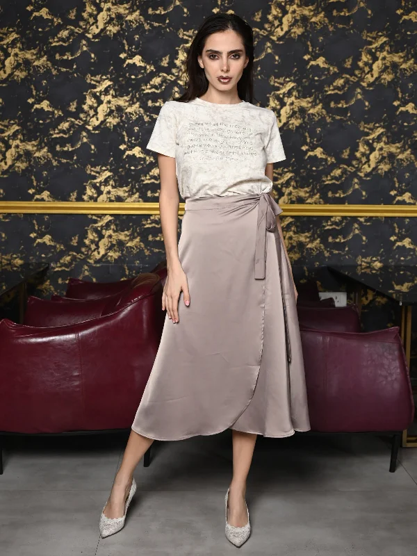 Odette Tan Polyester Satin Solid Wrap Skirt For Women vintage skirt charm