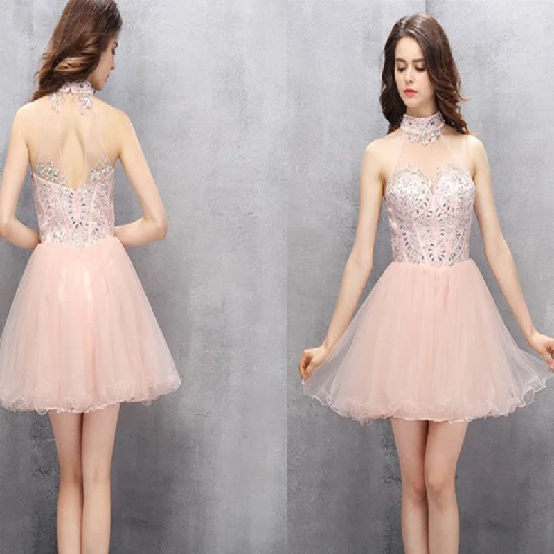 New Arrival light pink halter off shoulder sexy homecoming prom gown dress,BD00108 Tunics Floral girly