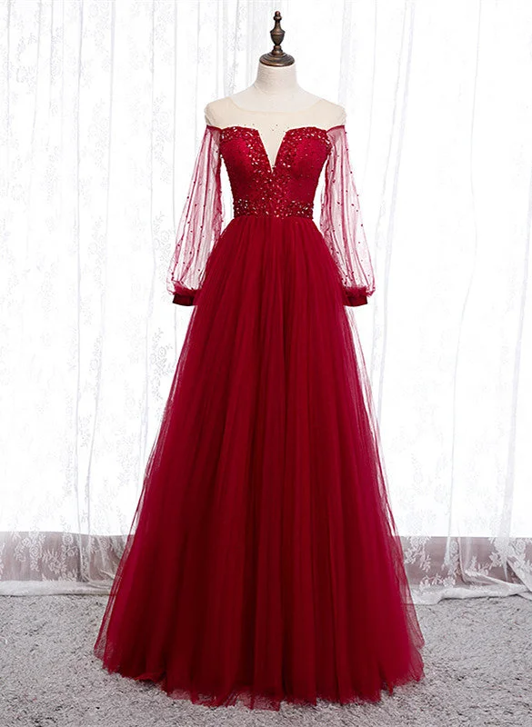 Wine Red Long Sleeves Round Neckline Beaded Party Dress, Wine Red Long Prom Dress Lace Sexy Club