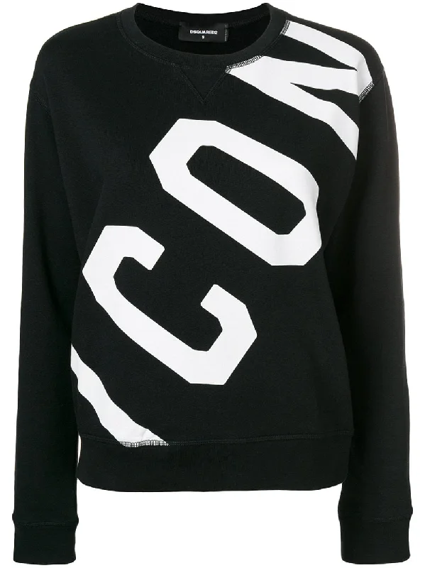 icon print sweatshirt Hoodie with Ribbed Neckline Snug Warm