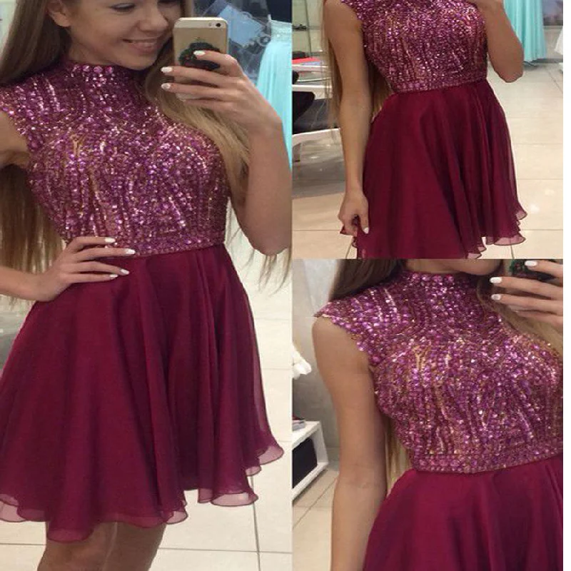 High neck sparkly freshman charming lovely cheap cocktail homecoming dress,BD0014 empire Waist empire