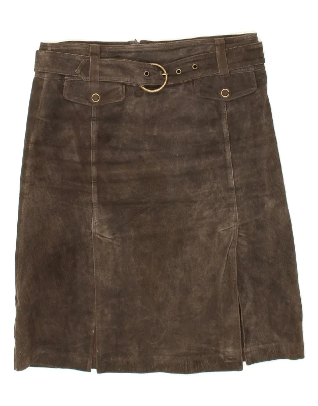 VINTAGE Womens Suede A-Line Skirt US 12 Large W32  Brown Leather belted skirt waist