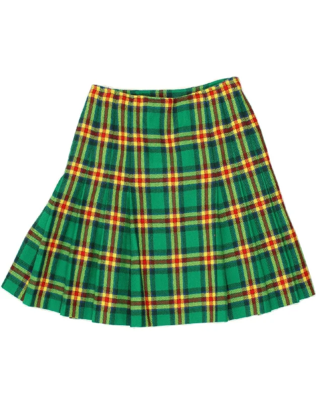 VINTAGE Womens A-Line Skirt W28 Medium Green Plaid pleated skirt texture