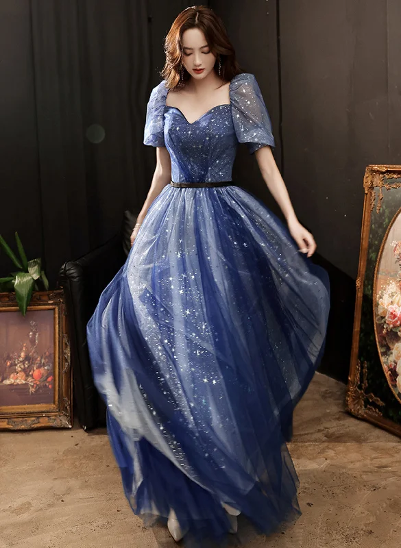 A-line Navy Blue Tulle Long Party Dress, Navy Blue Sweetheart Prom Dress Tunics Satin smooth