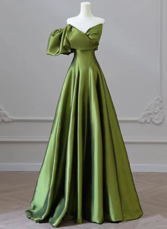 Green Satin Long One Shoulder Party Dress, Green A-line Satin Prom Dress Glittery Long Formal