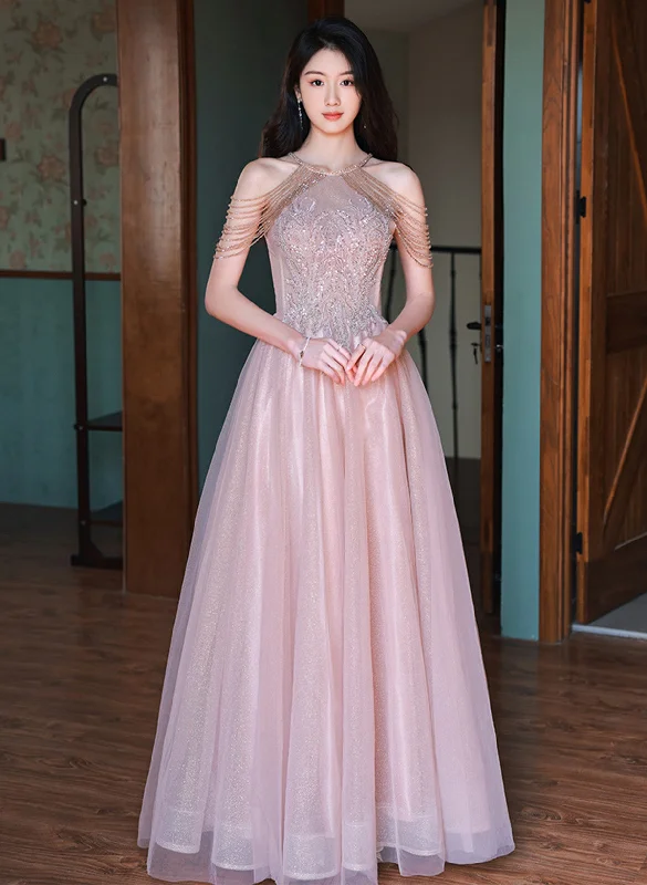 Pink Haler Tulle Beaded A-line Prom Dress, Pink Tulle Evening Dress Party Dress Tunics Evening elegant
