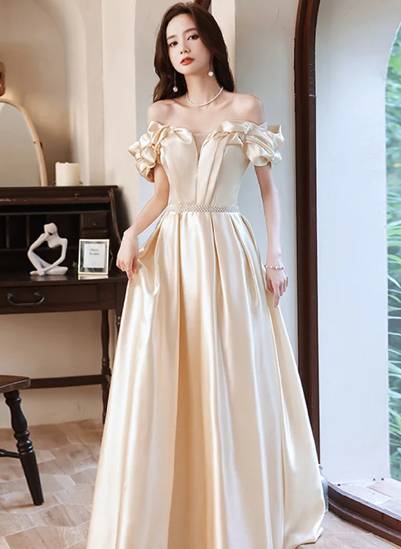 Light Champagne Satin Sweetheart Beaded Party Dress, A-line Satin Prom Dress Tunics Lace romantic