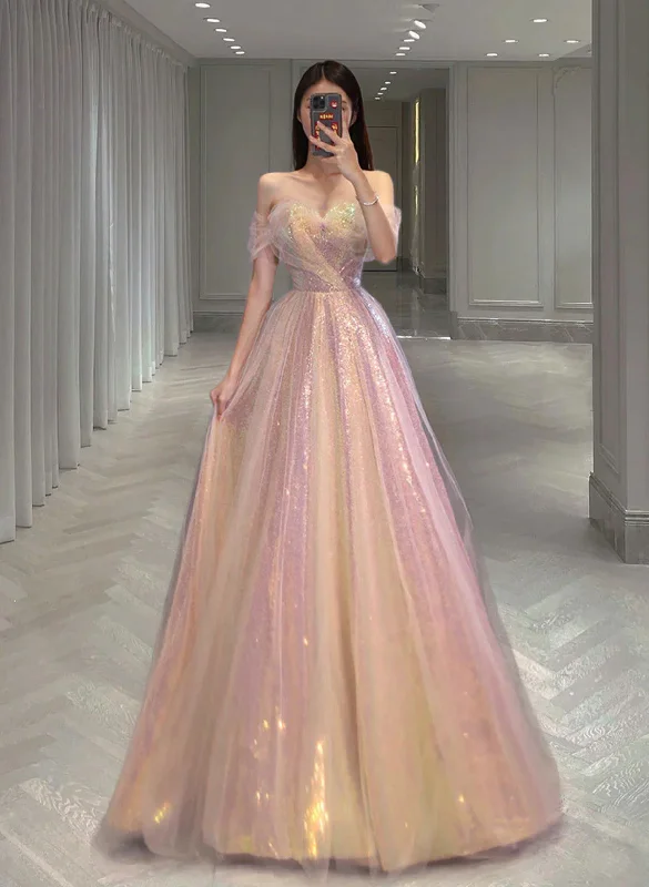 A Line Tulle and Sequins Long Party Dress, Off Shoulder Sequins Prom Dress Tunics Vintage classic