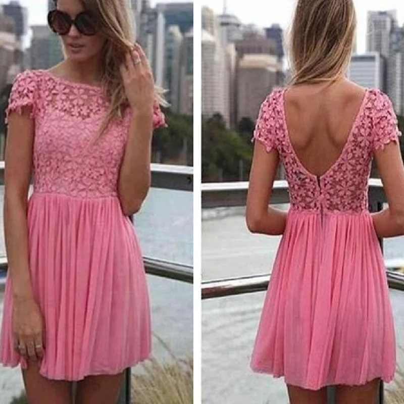 Short sleeve peach pink lace open back freshman homecoming prom dress,BD0046 Tunics Running lightweight