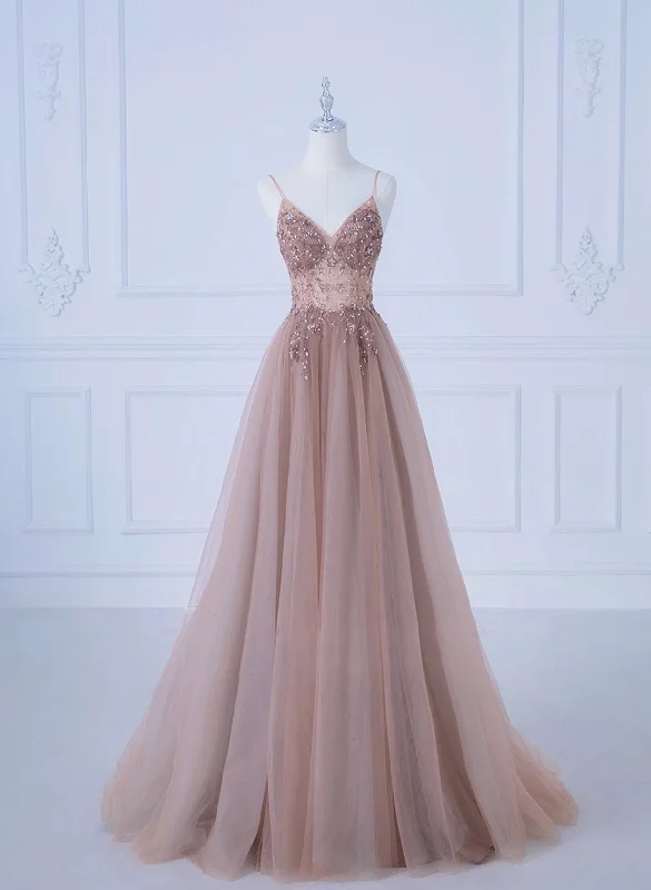 Pink V-neckline Beaded Straps Long Party Dress, A-line Pink Tulle Floor Length Prom Dress Tunics Sophisticated sleek