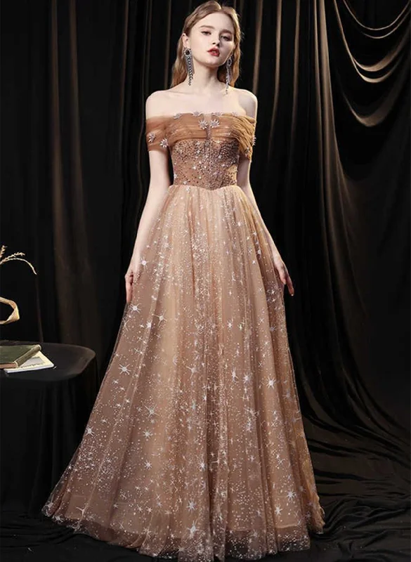 A-line Champagne Beaded Off Shoulder Prom Dress, Tulle Long Evening Dress Party Dress Lace Sexy Club