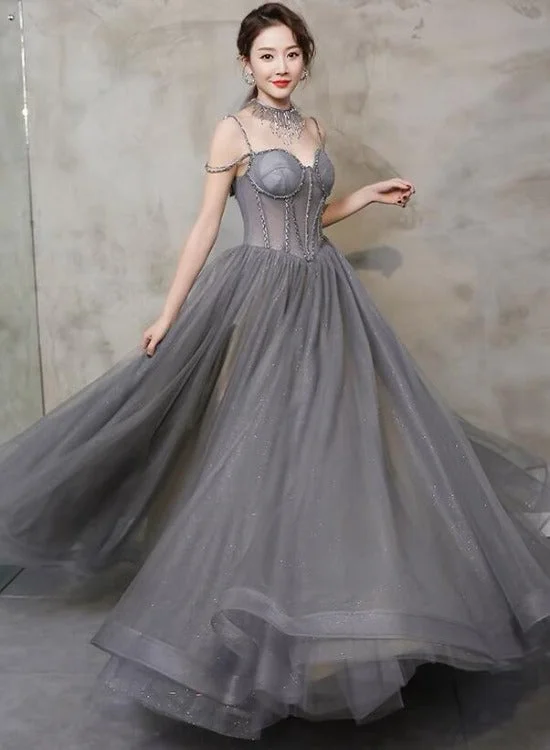 Grey Chic Tulle Beaded Sweetheart Lace-up Long Party Dress, Grey Prom Dresses Sweet 16 Dresses Tunics Party sparkling