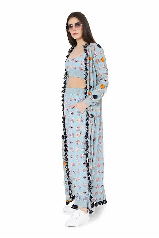 BLUE DUSTER JACKET WITH BUSTIER AND PANT V-Neck Jacket Boat Neck Jacket Square Neck Jacket