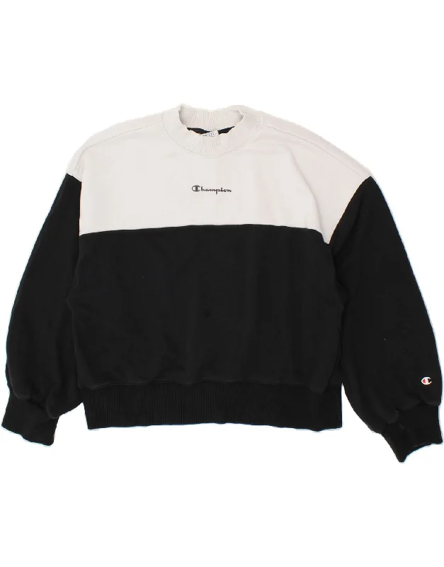 CHAMPION Womens Crop Oversized Sweatshirt Jumper UK 14 1Medium White Hoodie with Rhinestones Sparkly Elegant
