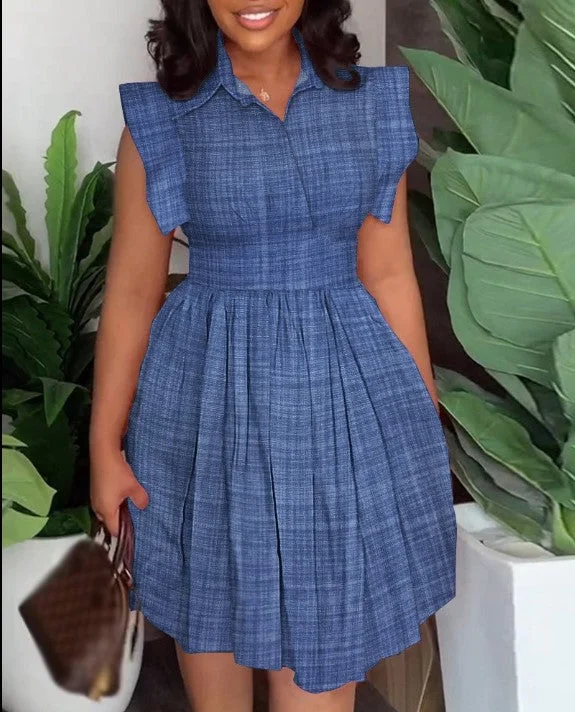 Flutter Sleeve Pleated Casual Dress Elegant Long Evening