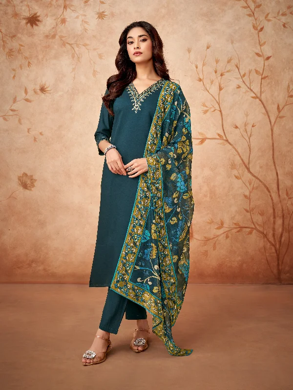 Women V Neck Embroidered Work Cotton Silk Fabric Kurta & Pant With Dupatta Set - Taantav Formal Stretch Pants Women V Neck Embroidered Work Cotton Silk Fabric Kurta & Pant With Dupatta Set - Taantav Formal Stretch Pants