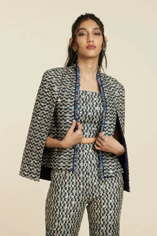 BLUE EMBELLISHED SCALLOP NOOR JACKET One-Shoulder Jacket Off-the-Shoulder Jacket Asymmetrical Jacket