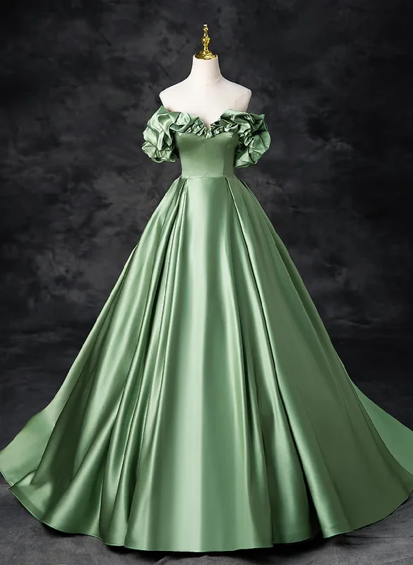A-line Green Satin Off Shoulder Long Party Dress, Green Satin Prom Dress Tunics Polka dots