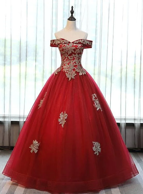 Beautiful Red Off Shoulder Long Sweet 16 Dress with Gold Lace Top, Party Dresses empire Waist empire