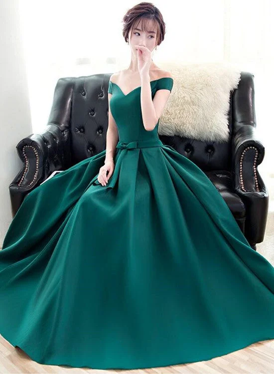 Dark Green Off the Shoulder Satin Long Party Dress, Long Formal Dress Pencil Length Work