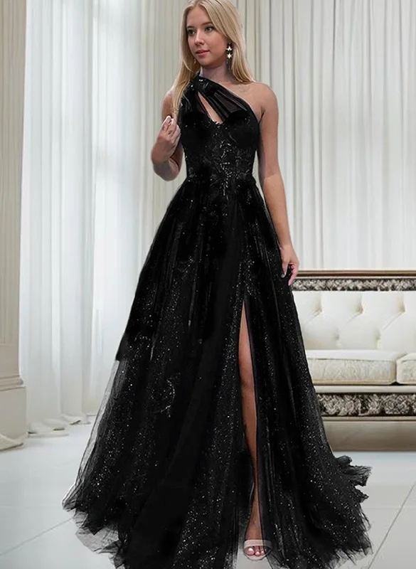 Black One Shoulder Tulle with Lace Long Prom Dress with Leg Slit, Black Party Dress Tunics Fall fleece
