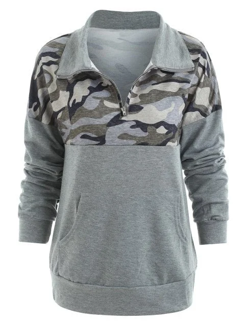 Graceful  Zipper Camo Print Sweatshirt Hoodie with Cropped Fit Short Trendy