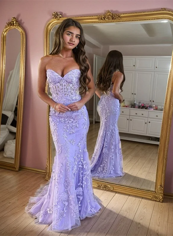 Lavender Lace Mermaid Sweetheart Long Party Dress, Lavender Lace Prom Dress Tunics Silk luxurious