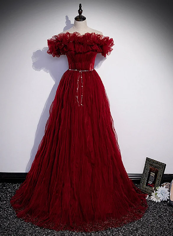 Wine Red Scoop Long Party Dress with Belt, A-line Wine Red Tulle Formal Dress Tunics Bestseller popular