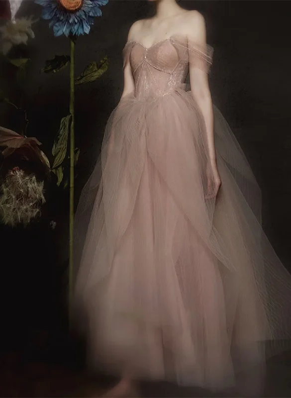 Pink Sweetheart Off Shoulder Long Prom Dress, A-line Pink Tulle Party Dress Tunics Velvet soft