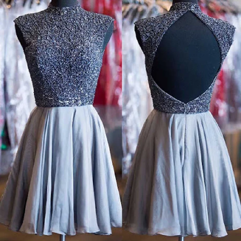 Grey beads sparkly high neck open back vintage elegant homecoming prom dress,BD0034 Tunics Print Colorful
