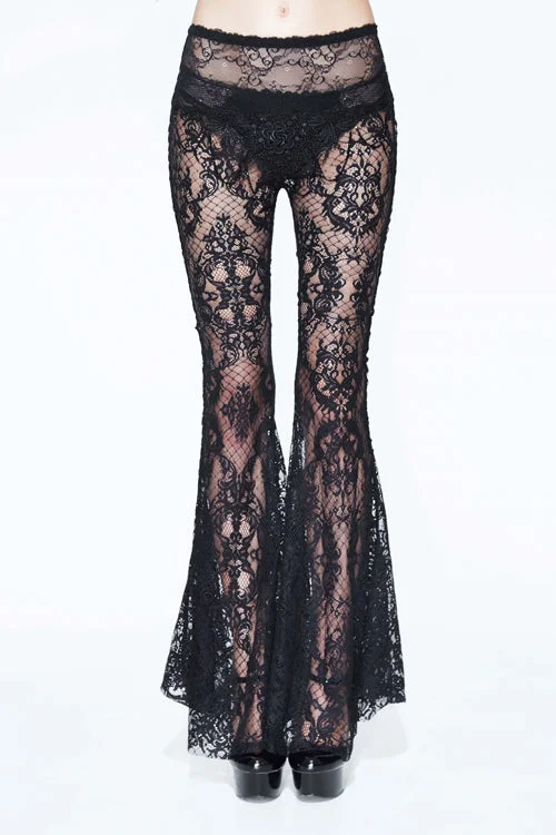 Black Sexy Transparent Lace Bellbottoms With Bead Chain Womens Pants Fashionable Track Pants Black Sexy Transparent Lace Bellbottoms With Bead Chain Womens Pants Fashionable Track Pants