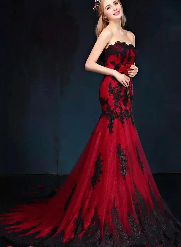 Wine Red Mermaid Sweetheart with Black Lace Party Dress, Wine Red Long Prom Dress Tunics Bridal satin