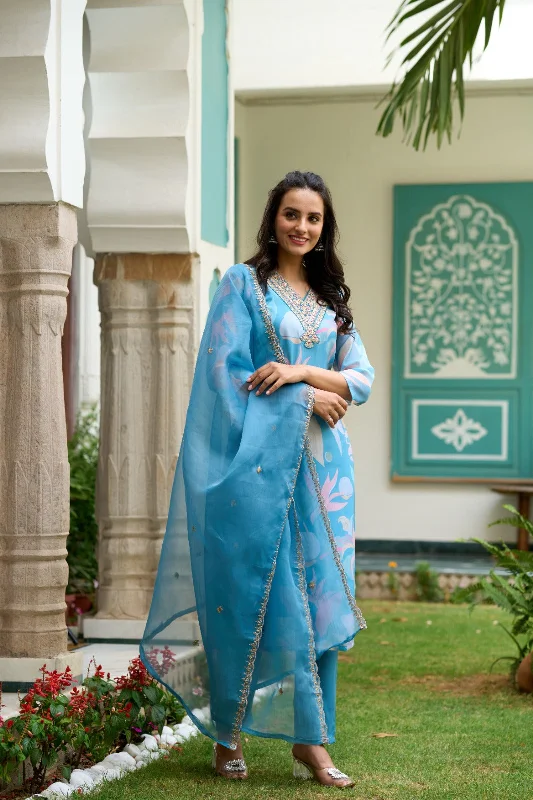 Women V-Neck Sequence Embroidered Work Viscose Tabby Fabric Kurta & Pant Set Comes With Organza Dupatta - Taantav Soft Cotton Pants