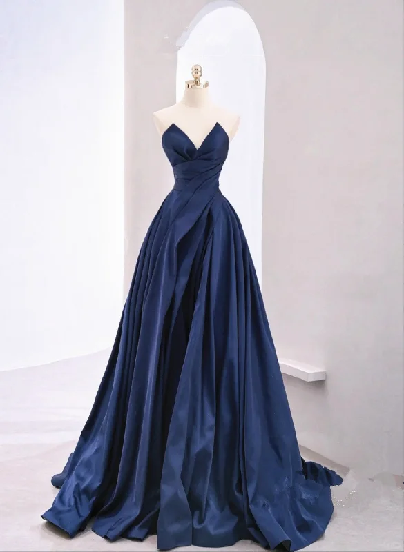 A-line Navy Blue Satin Long Party Dress Prom Dress, Navy Blue Evening Gowns Tunics stripes playful